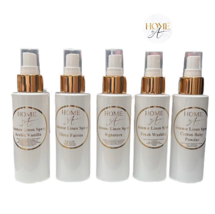 Intense Linen Spray Mists , Room Sprays , luxurious home fragrance perfume mists, Fresh Washing, Cotton Baby Powder , Limoncello , Three Fairies , Signature Scent, Arabic Vanilla , Paris .