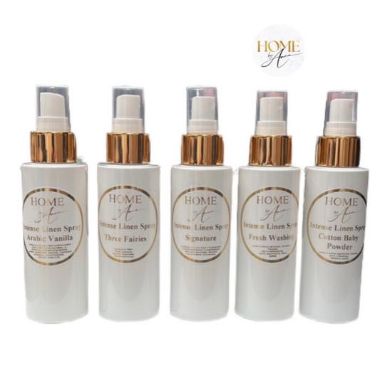Intense Linen Spray Mists , Room Sprays , luxurious home fragrance perfume mists, Fresh Washing, Cotton Baby Powder , Limoncello , Three Fairies , Signature Scent, Arabic Vanilla , Paris .